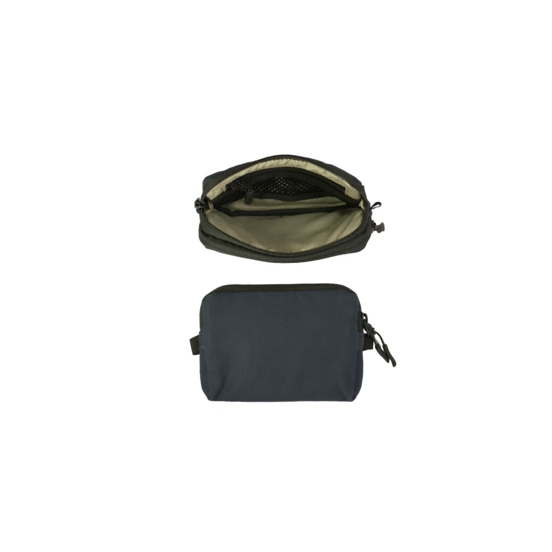 Two black pouches, one open and one closed, on a white background